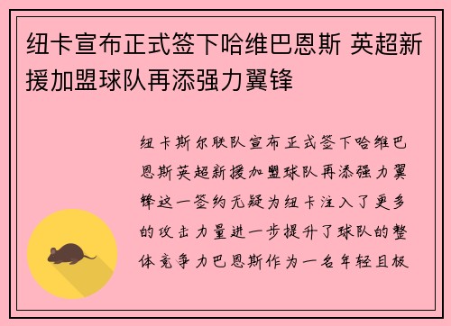 纽卡宣布正式签下哈维巴恩斯 英超新援加盟球队再添强力翼锋